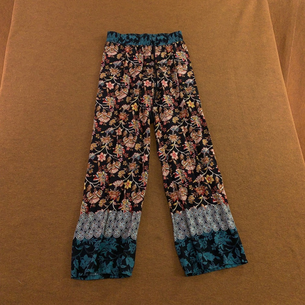 Sky and Sparrow Womens Small Black Floral Boho Tassel Wide Leg Pants